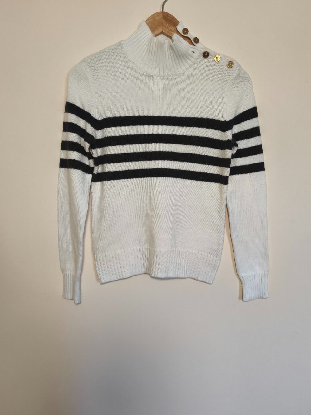 RL Chaps 100% Cotton Striped Mock Neck Gold Button Sweater sz S Black White